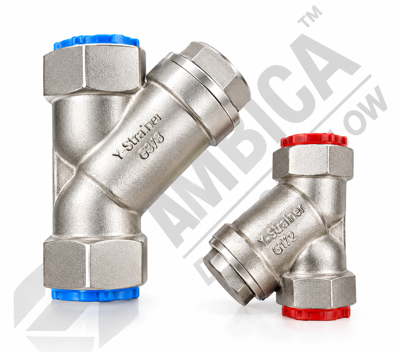 Stainless Y-Strainer Valves with Colored Caps.